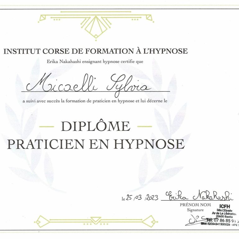 Diplôme Sylvia Micaelli, Hypnose Bastia